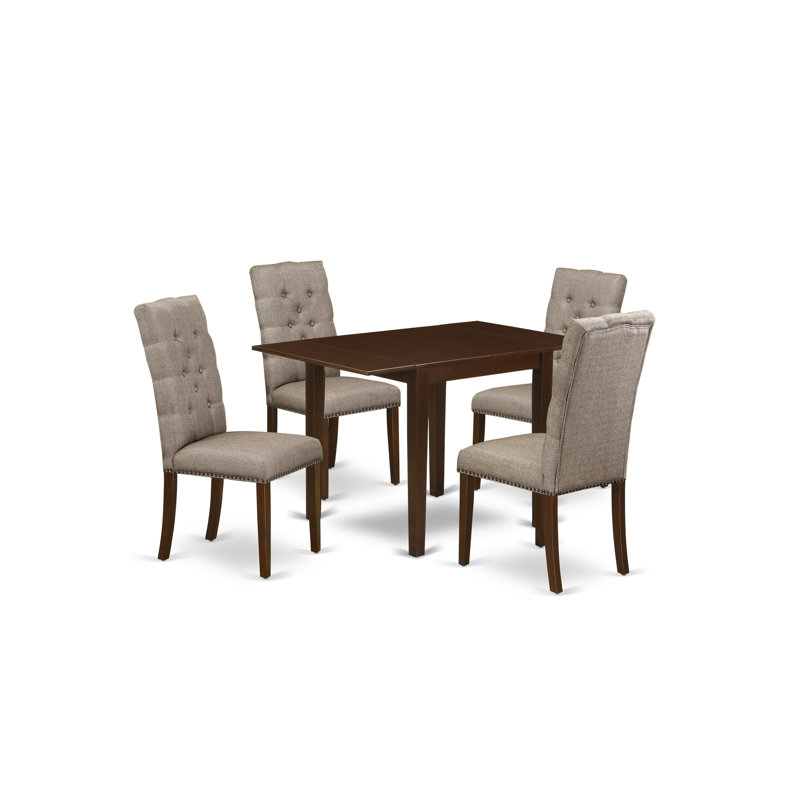 5 Piece Dining Set Includes a Rectangle Dining Room Table with Dropleaf and 4 Dark Khaki Linen Fabric Upholstered Chairs, Mahogany