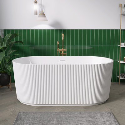 59'' x 29.5'' Freestanding Acrylic Bathtub Stand Alone Soaking Oval Slipper Tub with Center Drain in Glossy White -  GETPRO, 59 in. Oval Bathtub