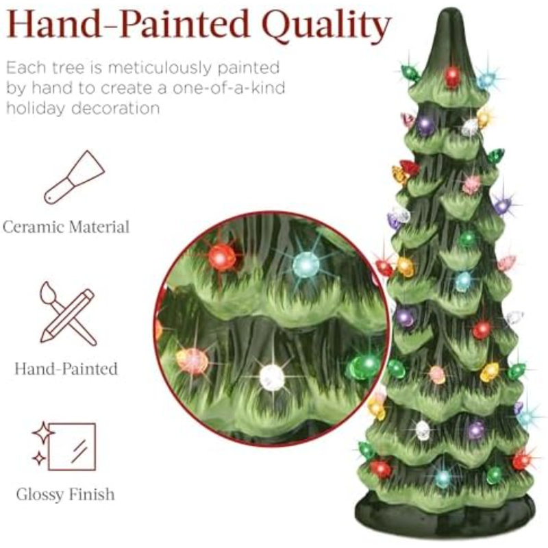Ensemble de 3 sapins de Noël XL en céramique, pré-illuminés et peints à la main, décorations de table pour les fêtes avec ampoules multicolores et lumières DEL vertes.