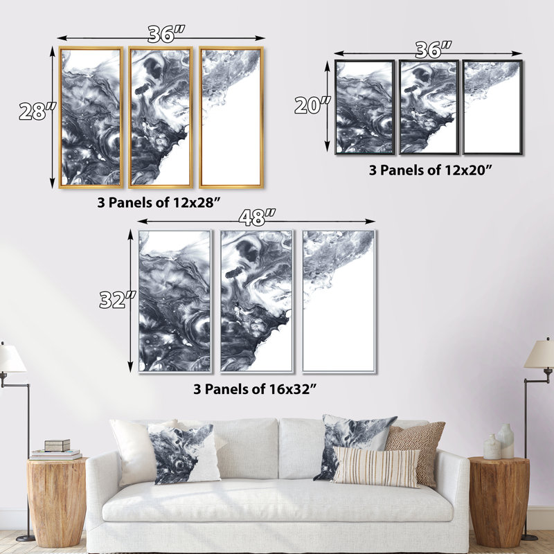 «Black and White» Silver Abstract I - ensemble de 3 impressions sur toile, Cadre noir, H 28 po x l 36 po x P 1 po