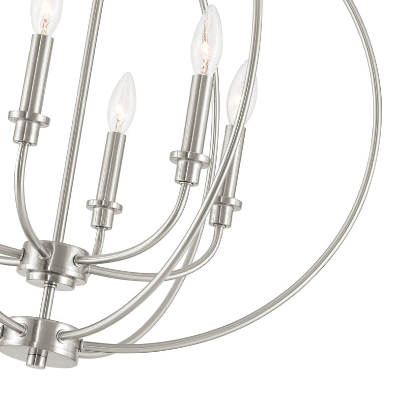 Lustre en forme de globe à 6 lumières de style bougie, Nickel brossé
