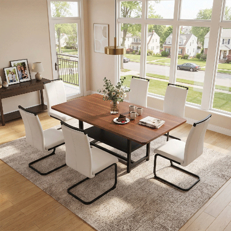 Ensemble de table de salle à manger rectangulaire pour 6 personnes, ensemble de table de salle à manger de style campagnard de 71 po avec 6 chaises rembourrées et tablette de rangement, plateau de table en bois avec structure en métal noir