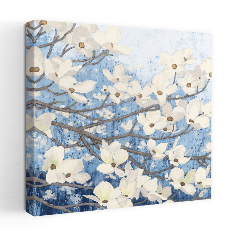 Art contemporain indigo avec fleurs Blossoms II, H 32 po x l 32 po