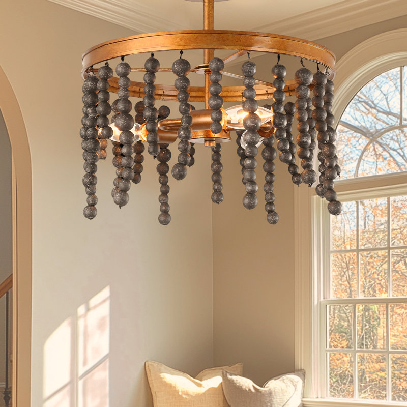 Mini plafonnier semi-encastré 3 lumières pour couloir de cuisine d'escalier doré avec perles en bois noires, Noir