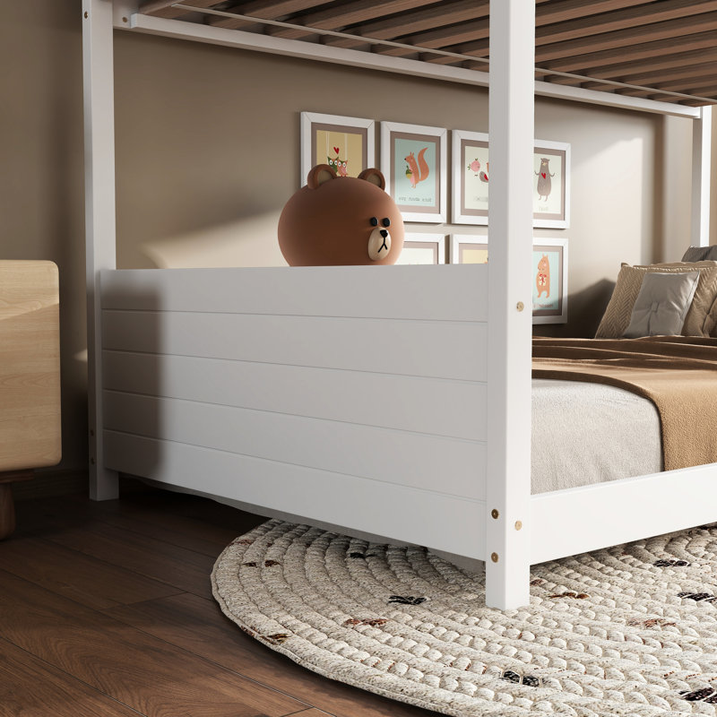 Lit simple superposé au-dessus du plancher, bois d'hévéa blanc avec garde-corps et têtes de lit, Blanc