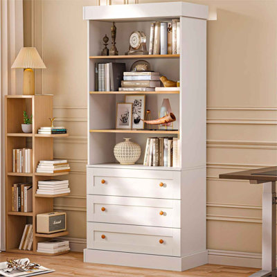 71" H Standard Storage Bookcase with 3 Drawers and 4 Open Shelves, Modern Wood Organizer