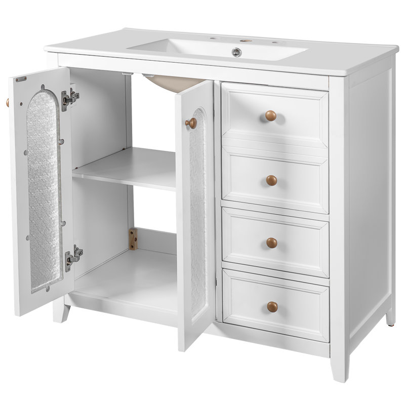 Meuble-lavabo de 35 pouces avec poignées dorées de luxe, armoire à fermeture douce et évier protégé contre les débordements, lavabo en céramique facile à nettoyer, mécanisme de fermeture silencieuse, grand tiroir de rangement