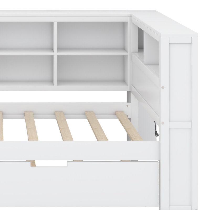 Lit de jour en bois avec lit gigogne simple, lit de jour avec tablette de rangement et ports de chargement USB, Blanc