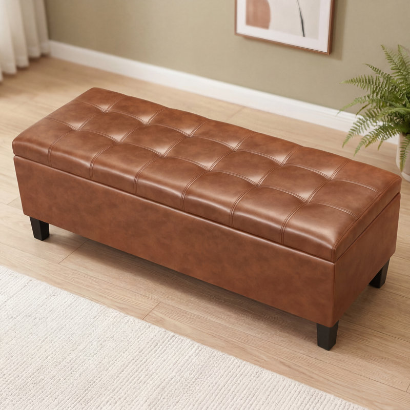 45" Tufted Faux Leather Storage Bench Ottoman For Living Room, Orange