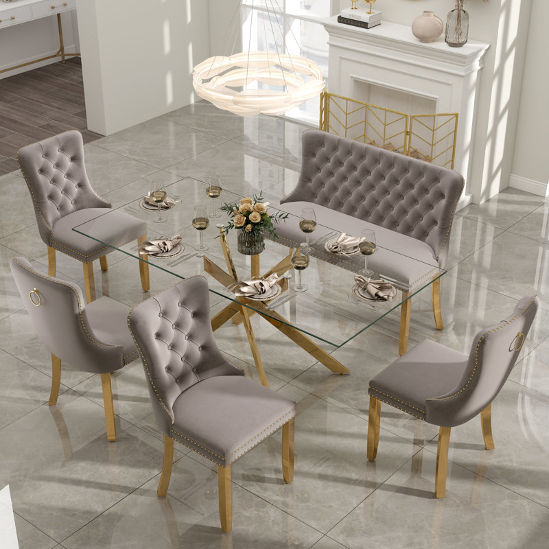 Luxury Dining Set with Hand-Tufted Velvet Bench & Chairs, 8mm Tempered Glass Table, Modern Furniture for Dining Area