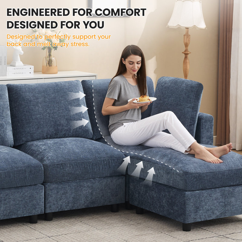 4 - Piece Upholstered Sectional, L-Shape Modular Couch, 36.2" H x 89.5" W x 63" D, Blue