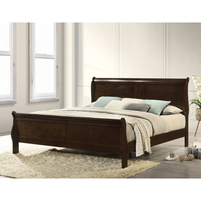 King - Sized Bed In Cappuccino Wood, Rich Brown Finish With Undertones, Curved Headboard And , Slatted Design For Modern Rustic Bedroom Colored Warm Hints, Ventilation, Traditional Decor