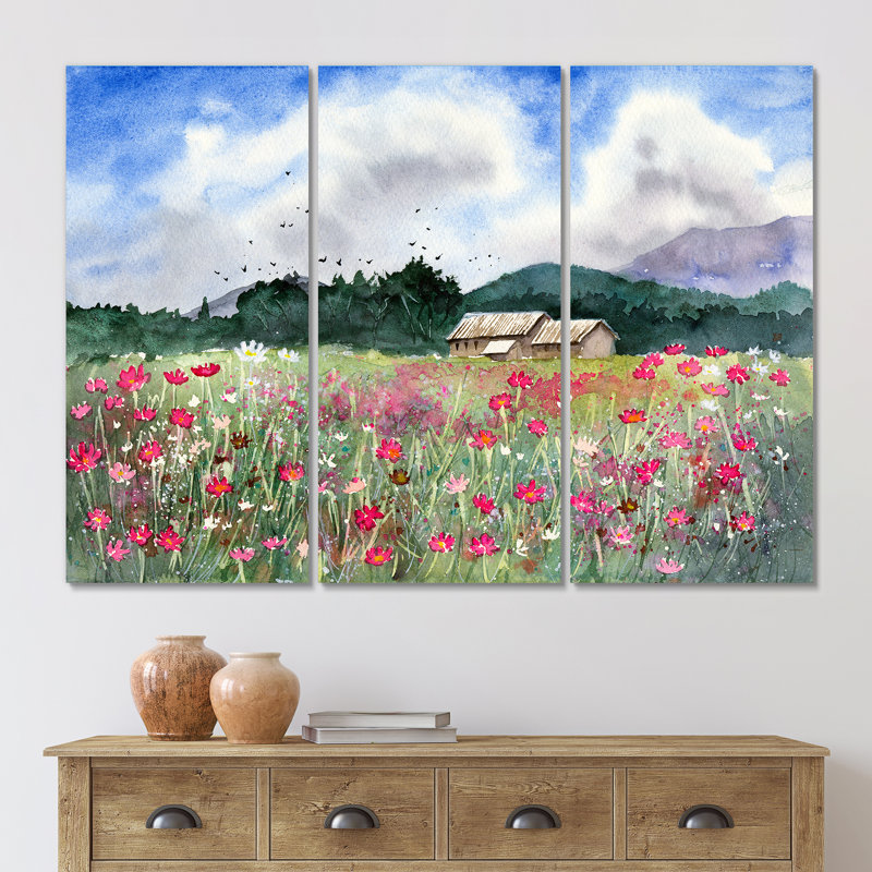 Paysage avec un champ de fleurs blanches et roses - peinture sur toile tendue 3 pièces, H 28 po x l 36 po x P 1 po