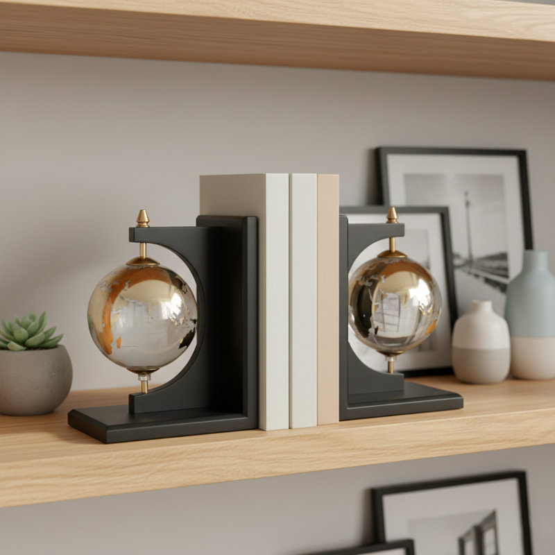 Serre-livres globes décoratifs en verre et en métal - Serre-livres modernes pour décoration intérieure, bibliothèque ou bureau - ensemble de 2 po, 9 po, noir et argent