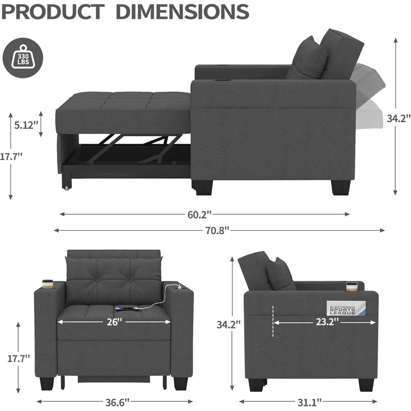 Fauteuil d'appoint à dossier convertible simple Marcio, Dark Grey
