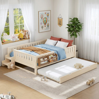 Lit pour enfant en bois massif avec lit gigogne, bibliothèque intégrée et petit escalier, lit pour tout-petit Safe Guardrail