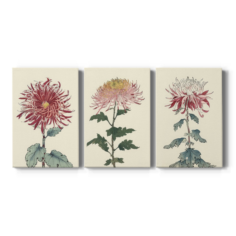 «Chrysanthemum Woodblock I», toile tendue sur mesure - 3 pièces, H 12 po x l 24 po