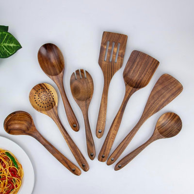 8-Piece Teak Wood Utensil Set For Cooking - Natural Wooden Spoons, Spatulas & More - Non-Stick Safe, Heat-Resistant, Ergonomic Grip - Easy To Clean Ki -  WKING, SH51B4D46H