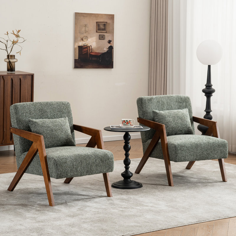 Fauteuil d'appoint rembourré en bois massif avec coussin supplémentaire Juriana, Chenille verte