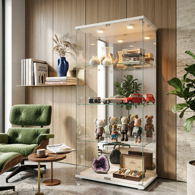 4-Tier Double Door Glass Display Cabinet with Mirrored Back & LED Lights,  Large Tall Curio Cabinet, Black / White, White