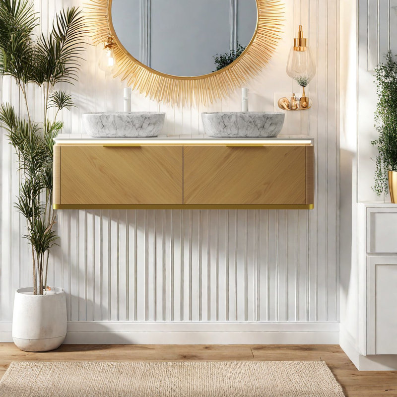Meuble-lavabo moderne 60 po avec rangement, éviers en céramique et pierre frittée
