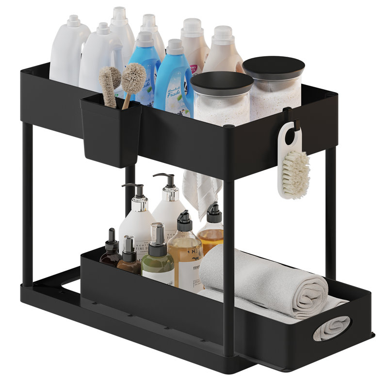 StorageBud Non-Slip Grip Kitchen Under Sink Organizer with Side Caddy & Sliding Drawer, Black, 1-Pack
