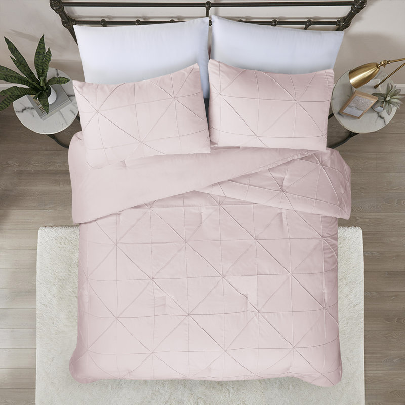 Ensemble d'édredon en microfibre Hartford Pintuck, Édredon pour grand lit + 2 taies décoratives, Rose
