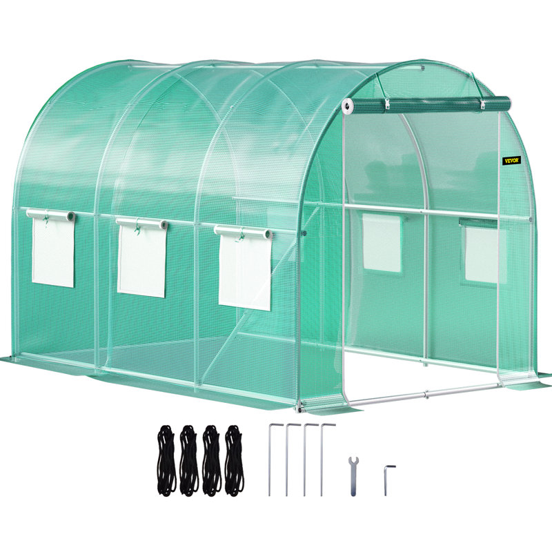 Walk-in Tunnel Greenhouse, 9.8 x 6.6 x 6.6 ft Portable Plant Hot House with Galvanized Steel Hoops, 1 Top Beam, Zippered Door & 6 Roll-up Windows, Diagonal Poles, Green
