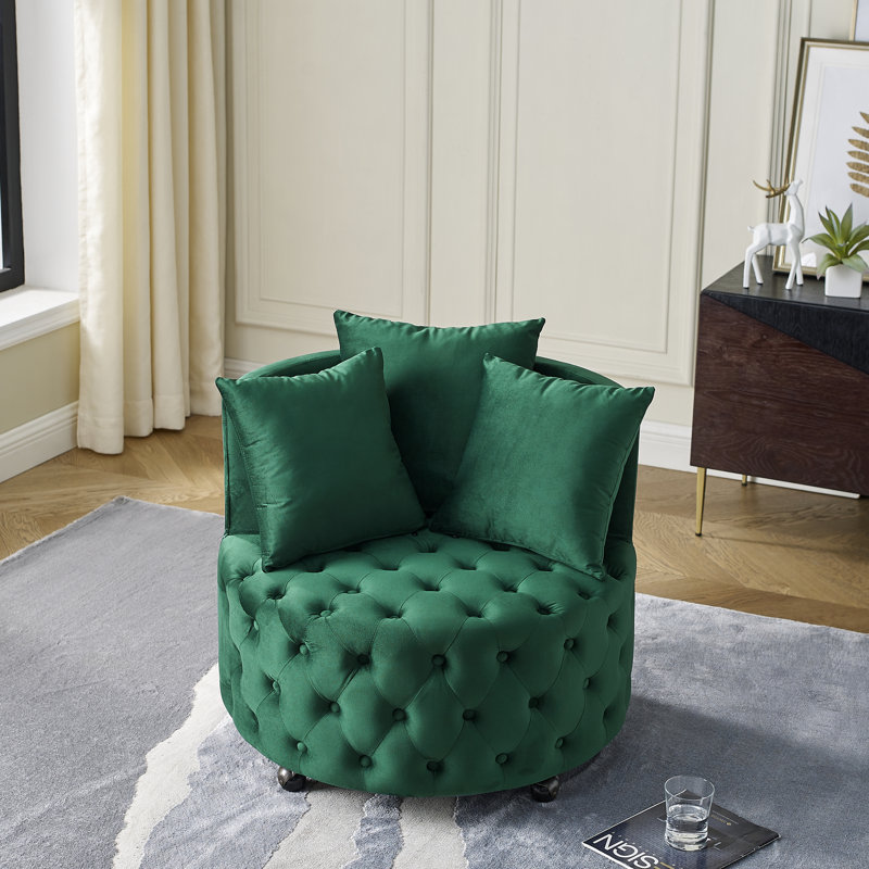Velours, fauteuil pivotant rembourré en velours, bouton, 3 coussins, roulettes amovibles pour fauteuil d'appoint, style, roulettes, salon de luxe