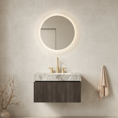 Meuble-lavabo 30 po avec meuble-lavabo flottant en contreplaqué avec tiroir et porte, comptoir en pierre frittée gris clair et lavabo en céramique avec 3 trous de robinet pré-percés, pré-assemblé, couleur grain de bois espresso