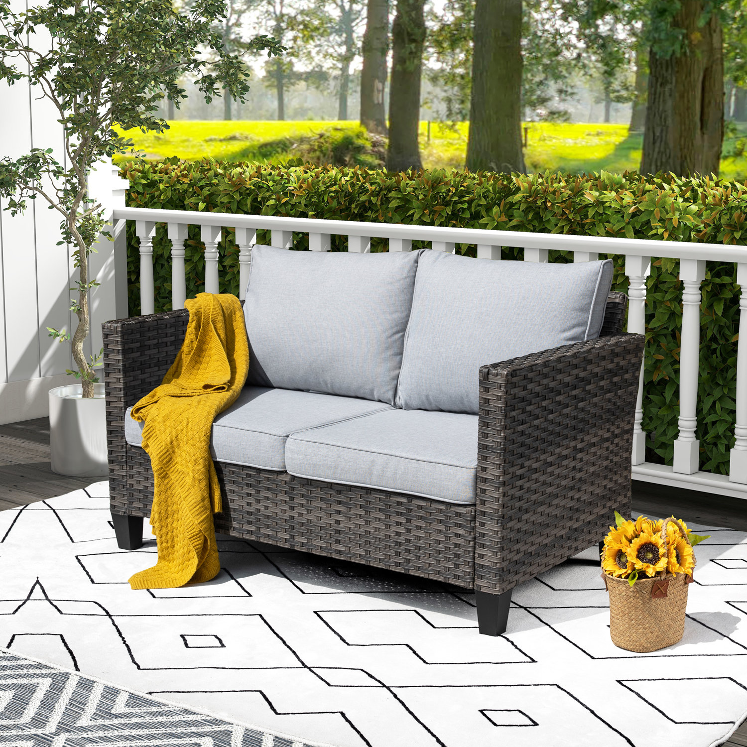 Ebern Designs Lovall Wicker/Rattan Outdoor Loveseat With Cushions ...