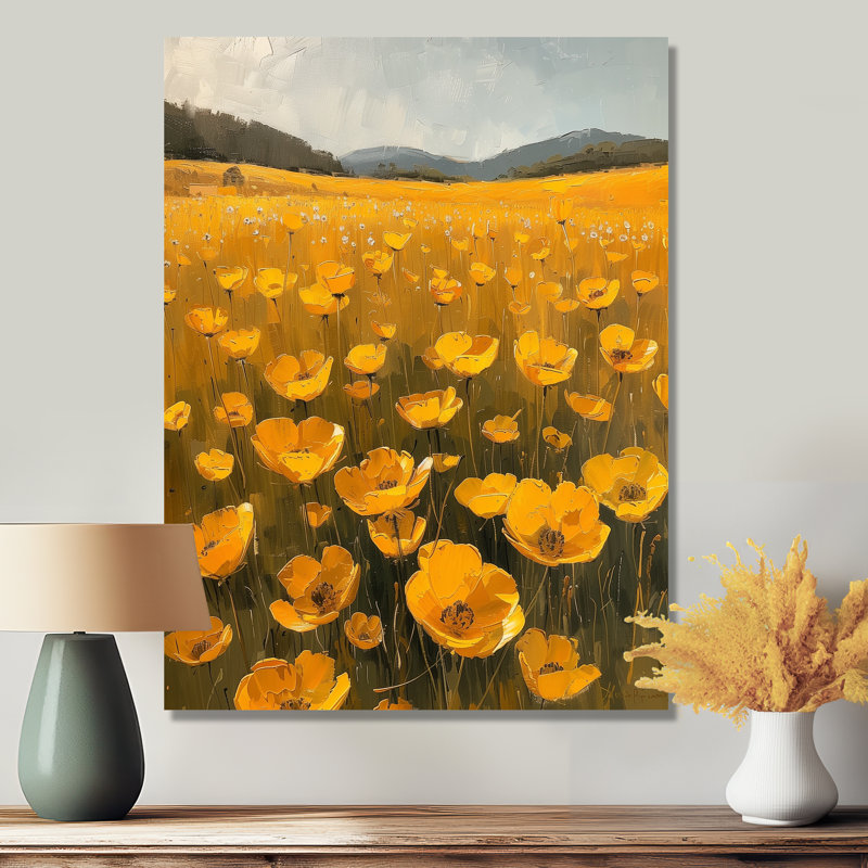 Jaune, vert, bouton d'or, soleil, pré, V - Buttercups, art mural, salon, Métal métal, H 44 po x l 34 po x P 1,5 po