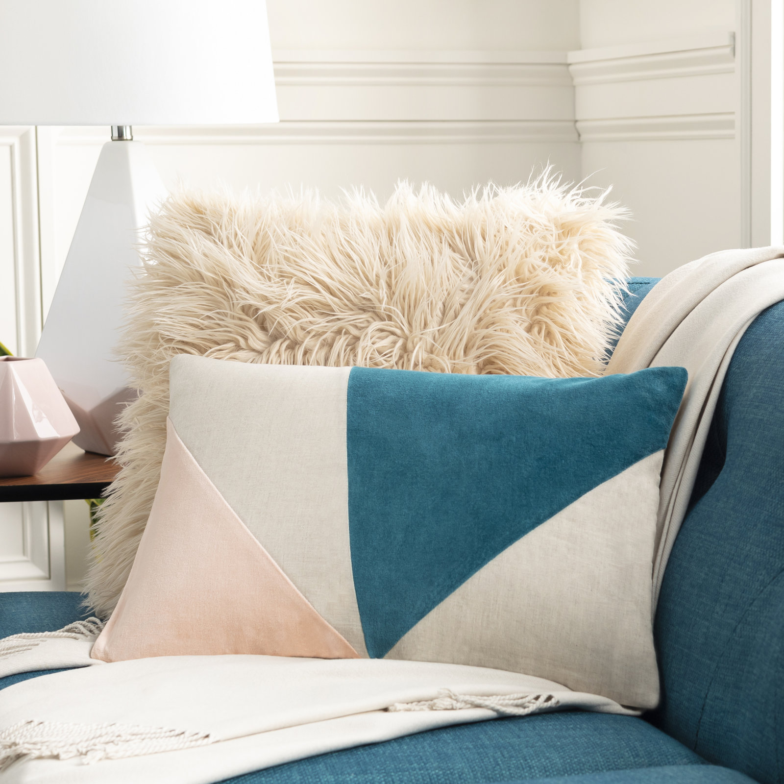 Kathleen Geometric Cotton Lumbar Pillow Cover, Teal/Peach