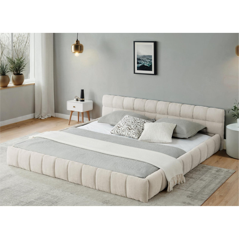 Très grand cadre de lit tapissier avec tissu épais, lit plateforme en chenille avec tête de lit et structure solide
