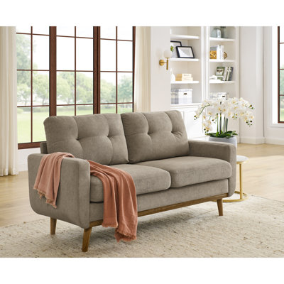 67.7" Wide Mid - Century Modern Upholstered 2 Seat , With Natural Wood Legs, Contemporary Style, Fabric, Khaki, 30.38 In Depth, 34.78 Height, 72.65 Lb Weight Wooden Seats, Khaki