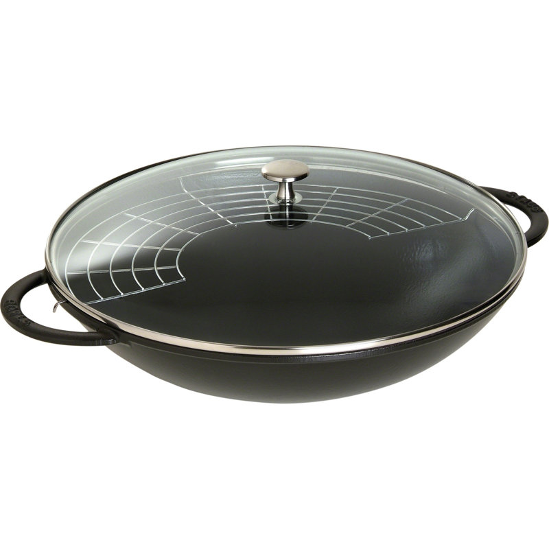 Specialities 37 cm / 14.5 Inch Cast Iron Wok With Glass Lid, Matte Black