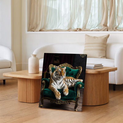 Canvas A Majestic Tiger Lounges Gracefully On An Opulent Emerald Green Wall Art Velvet Armchair Its Powerful Body Relaxed Yet Alert Canvas Wall Art