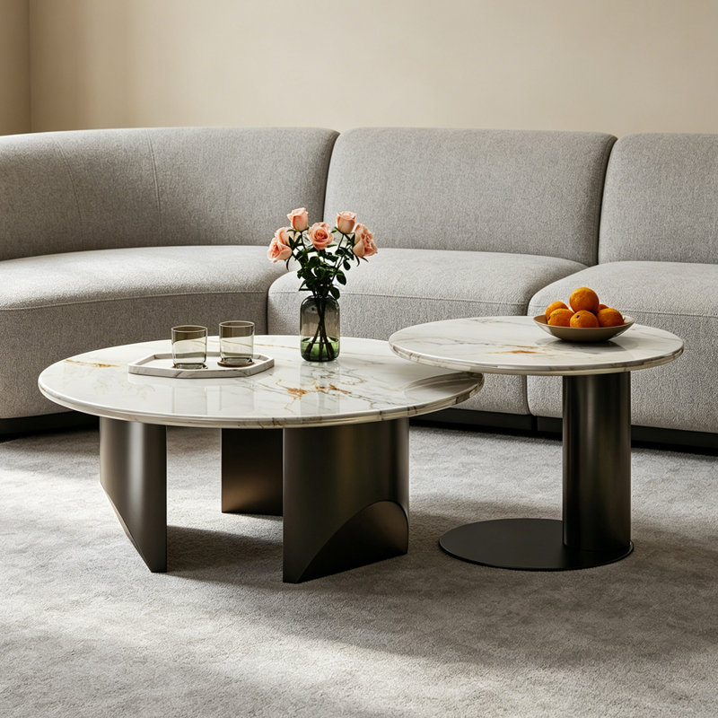 Modern round microcrystalline stone coffee table, 15.4" H x 31.5" L x 31.5" W