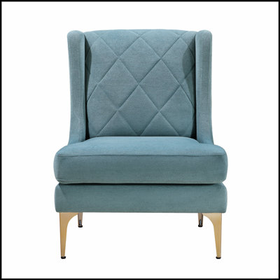 Fauteuil d'appoint moderne et luxueux à oreilles, revêtu de chenille, avec pieds en métal au fini doré, ressorts ensachés et surpiqûres en losange pour plus d'élégance et de confort.