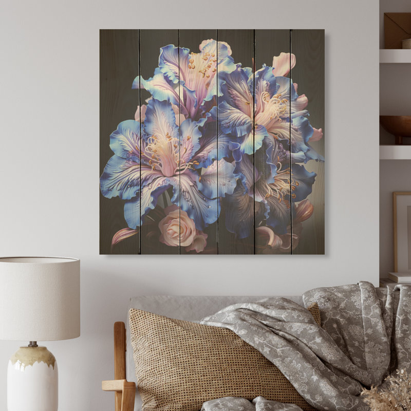 Noir Intrigue Irises Dream - Art mural en bois d'iris sur bois de pin naturel, H 25 po x l 25 po
