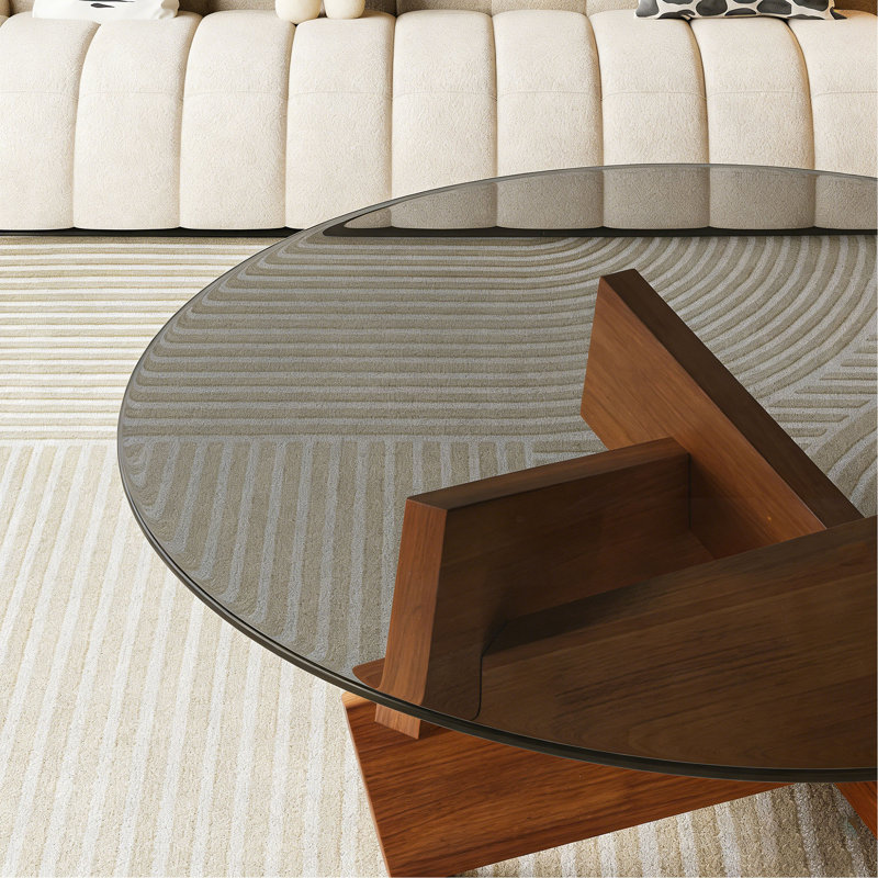 Table basse moderne pour le salon, centre Mid-Century avec plateau en verre trempé et bois, noyer