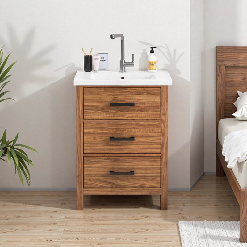 Meuble-lavabo moderne 24 po avec lavabo en céramique, meuble de rangement autoportant à 3 tiroirs et meuble-lavabo compact en bois naturel