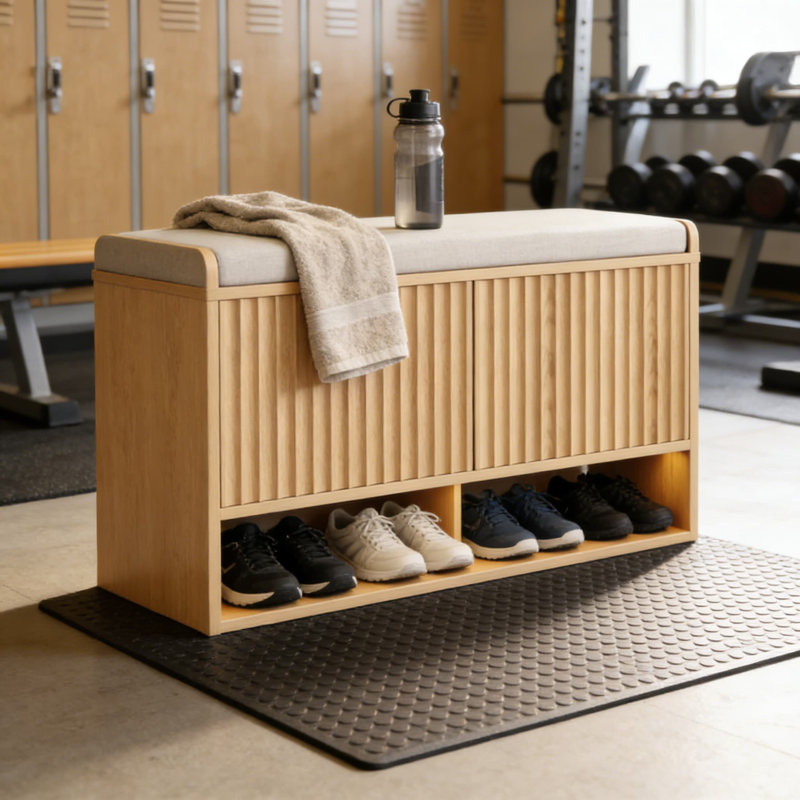 Banc de rangement cannelé pour chaussures avec capteur de lumière à DEL, banc d'entrée avec tablette réglable et coussin de siège en lin, armoire à chaussures moderne pour chambre à coucher ou couloir