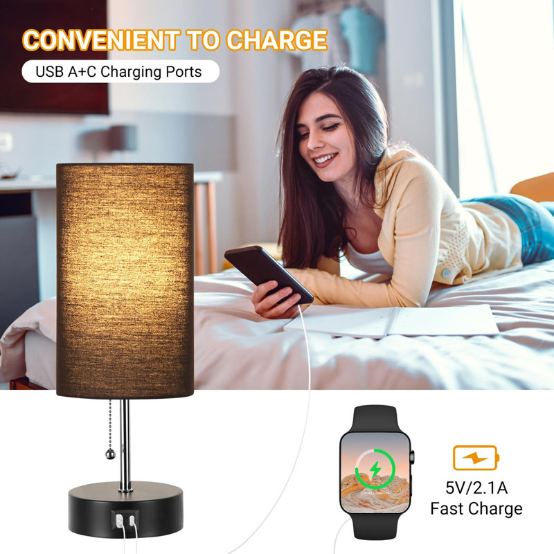 3-Color Temperature Table Lamp with USB A Port and C Port, Black