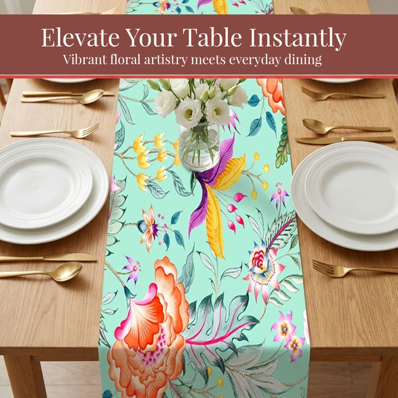 Decozen Naida Floral Table Runner in Chintz Green and Pink for Dining Table and Christmas Decor