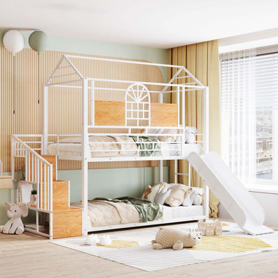 Twin Over Twin Metal Bunk Bed, Metal Housebed With Slide And Storage Stair