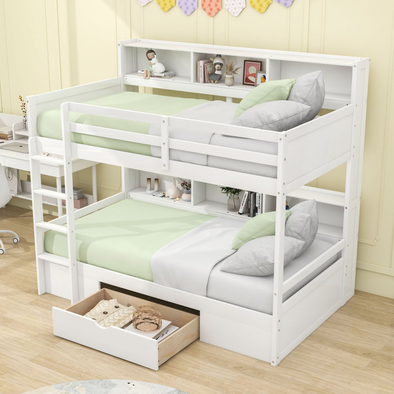 Lit superposé simple au-dessus d'un lit simple en bois avec tiroir de rangement intégré et tablettes robustes, Blanc