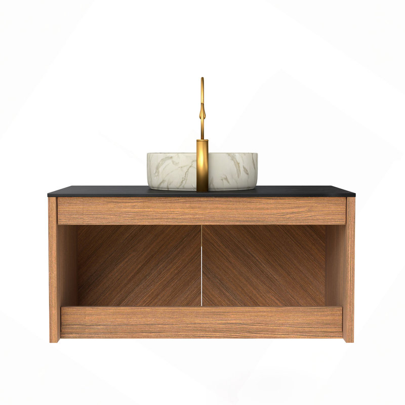 Meuble-lavabo 36 po, armoire de rangement flottante en contreplaqué pour salle de bain avec comptoir en pierre frittée à 2 portes et lavabo rond en céramique blanche avec motif de pierre