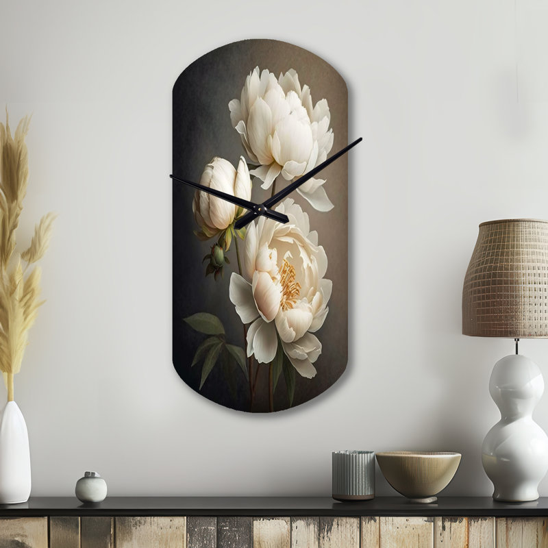 Pivoine fleur IV - pivoines horloge murale asymétrique en métal, impression d'horloge murale cylindrique moderne, Petit