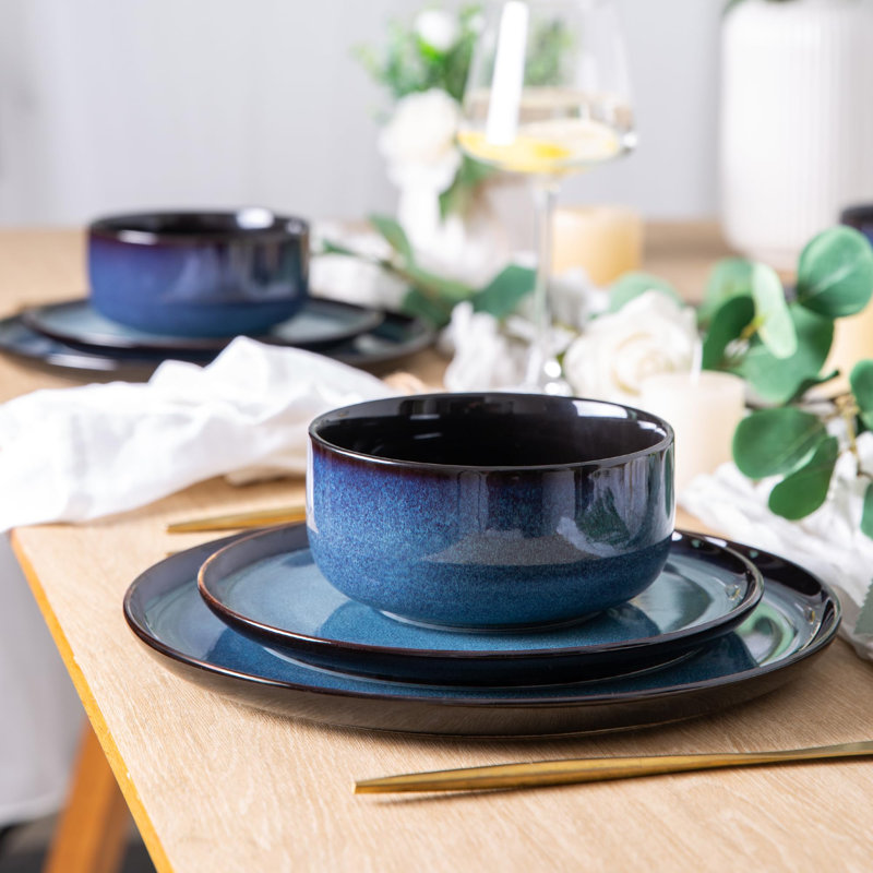 Blue Ceramic Reactive Glaze Dinnerware Set for 4